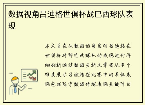 数据视角吕迪格世俱杯战巴西球队表现