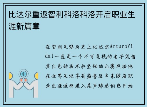 比达尔重返智利科洛科洛开启职业生涯新篇章 比达尔重返智利科洛科洛开启职业生涯新篇章